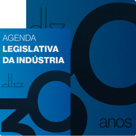 Imagem de capa da Agenda Legislativa da Indústria 2025 com identidade visual comemorativa dos 30 anos da Agenda Legislativa da Indústria exibindo um fundo azul royal com o número 30 e uma ilustração do prédio do Congresso Nacional.