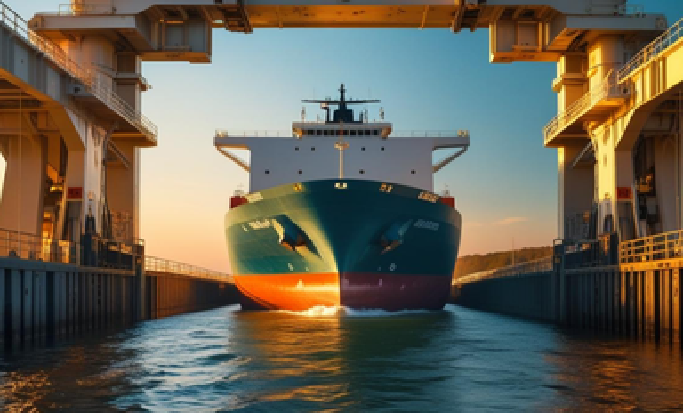  Navio cargueiro atravessando canal entre guindastes, representando a superação de barreiras comerciais para garantir o acesso a mercados e proteger a competitividade brasileira.