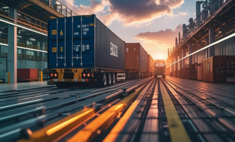 Contêiner em movimento sobre trilhos logísticos ao pôr do sol, simbolizando a modernização e a desburocratização dos processos de exportação no Brasil.