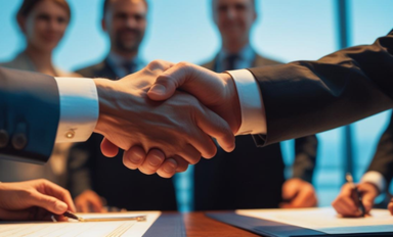 Aperto de mãos entre executivos em mesa de negociação, ilustrando a importância do financiamento e das garantias para abrir mercados e fortalecer exportações brasileiras.