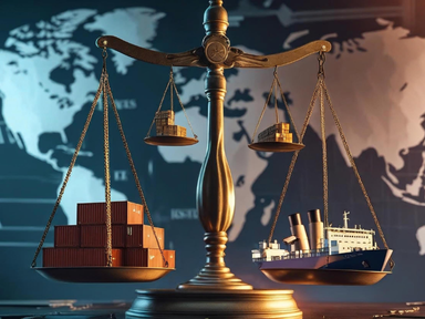 Balança de justiça com contêineres e navio sobre mapa-múndi digital, simbolizando a importância da governança para ampliar a previsibilidade e a inserção do Brasil no comércio exterior.