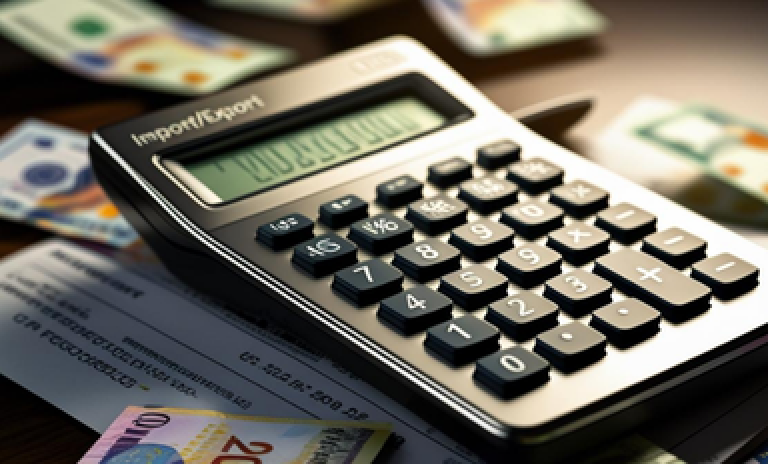 Calculadora sobre documentos de importação e moedas, ilustrando a importância da reforma tributária para eliminar custos ocultos e fortalecer as exportações brasileiras.