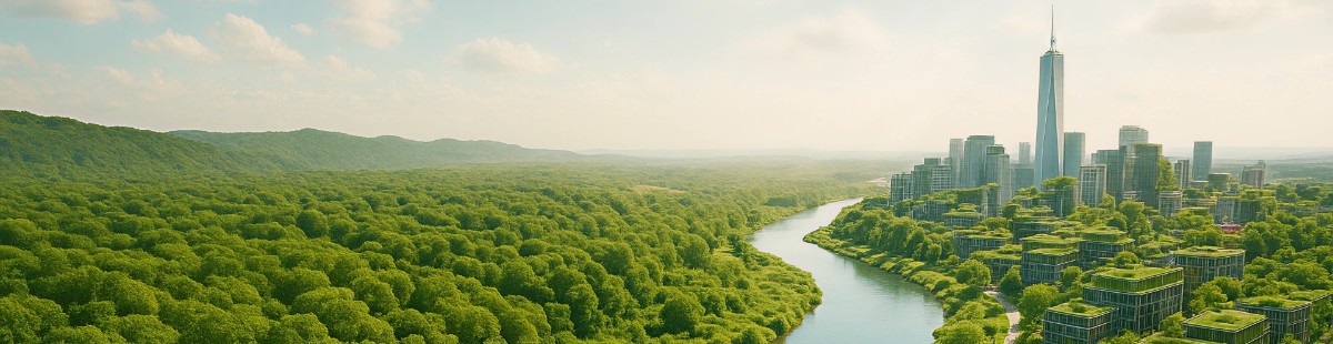 Vista panorâmica de floresta e cidade sustentável à beira de rio, com prédios cobertos por vegetação, 
        simbolizando a transição urbana para uma economia de baixo carbono.