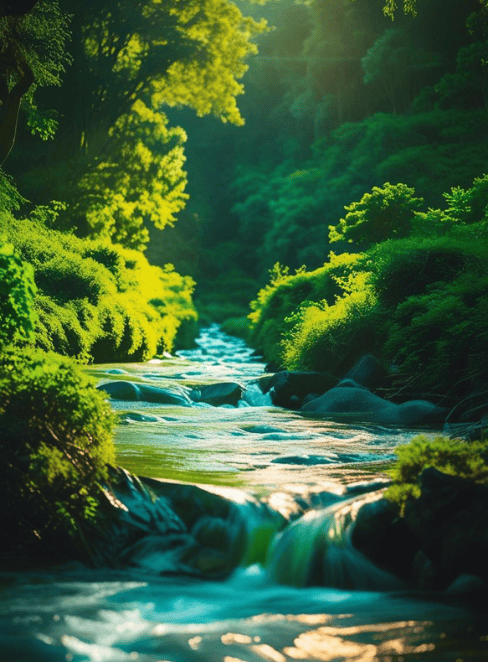 Rio sinuoso em meio à vegetação nativa com incidência de luz natural, 
                        ilustrando o potencial da energia hídrica na matriz renovável brasileira.