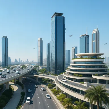 Paisagem urbana futurista com drones, arranha-céus inteligentes e vias modernas, simbolizando inovação tecnológica.