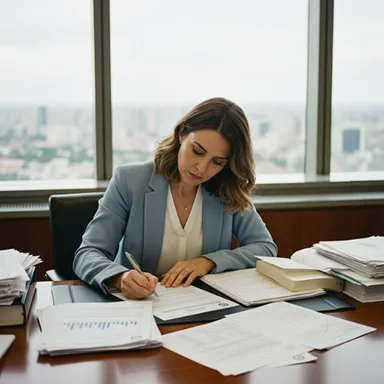 Executiva em escritório moderno analisando relatórios financeiros com gráficos digitais, representando a importância dos dados para a tomada de decisões.