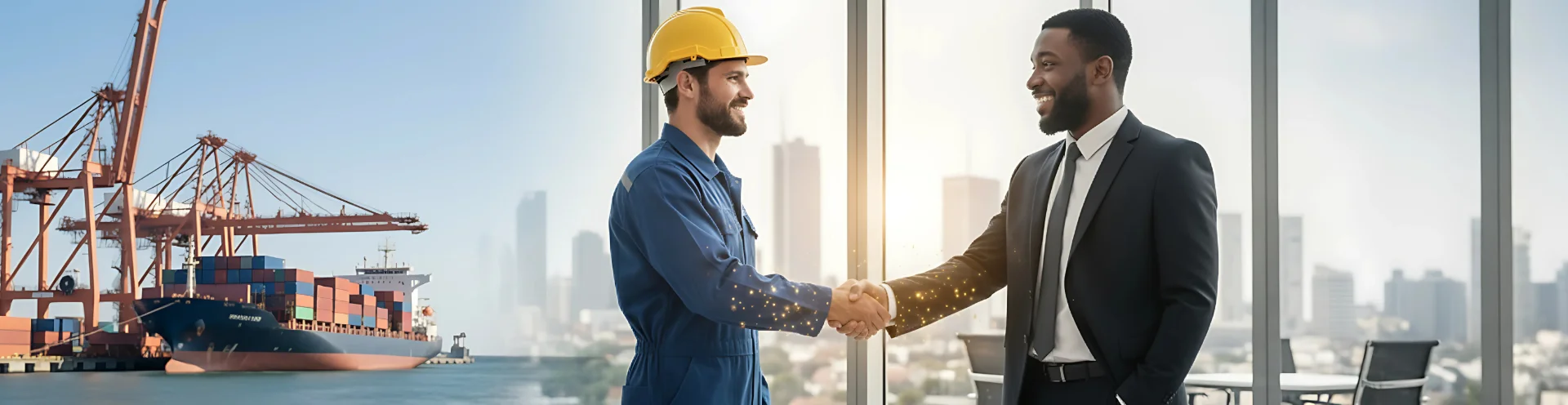 Trabalhador com capacete e executivo de terno apertando as mãos diante de janelas envidraçadas.