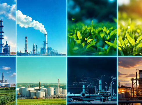 Colagem de imagens industriais e elementos naturais, indicando a integração do hidrogênio à transição energética e sustentabilidade.