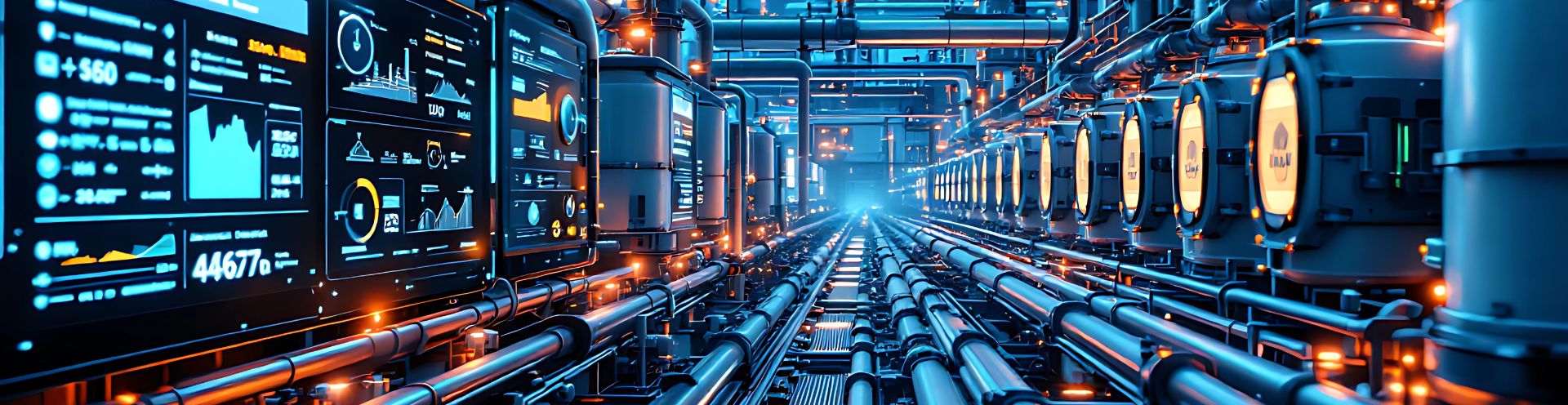 Corredor industrial com dutos e painéis digitais exibindo dados em tempo real, representando o uso técnico do hidrogênio na indústria.