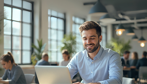 Homem sorridente utilizando notebook em ambiente colaborativo, representando a busca por fornecedores e oportunidades no setor de hidrogênio.