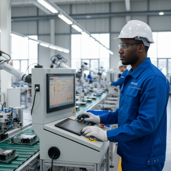 Trabalhador com capacete e uniforme azul opera painel digital em linha de produção automatizada.