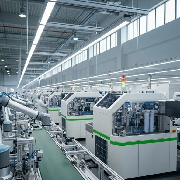 Fábrica com braços robóticos operando esteiras e máquinas modernas.