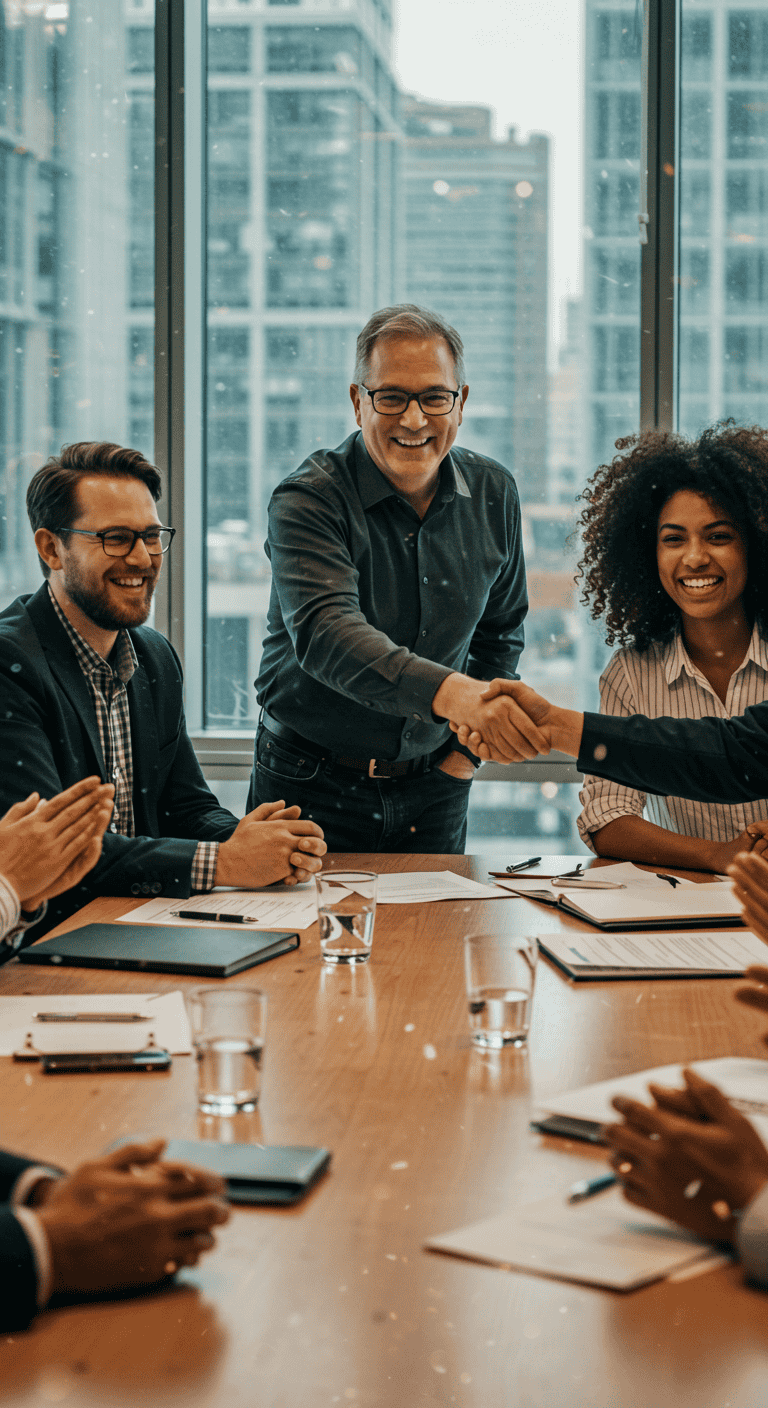 Grupo de pessoas em reunião empresarial sorri enquanto dois
                        representantes se cumprimentam, simbolizando articulação de políticas públicas para a cadeia da reciclagem.