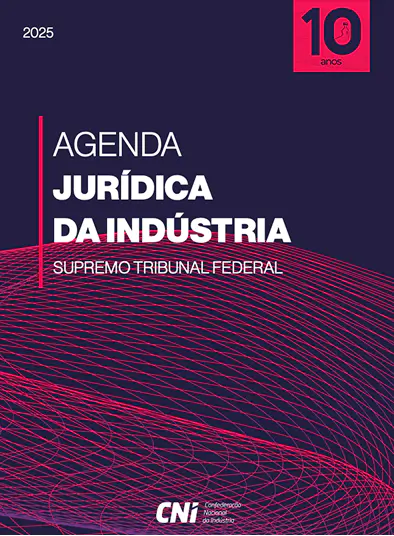 Imagem da capa da Agenda Jurídica da Indústria 2025 mostrando uma arte com linhas avermelhadas sobre fundo escuro e o selo comemorativo de 10 anos da Agenda.
