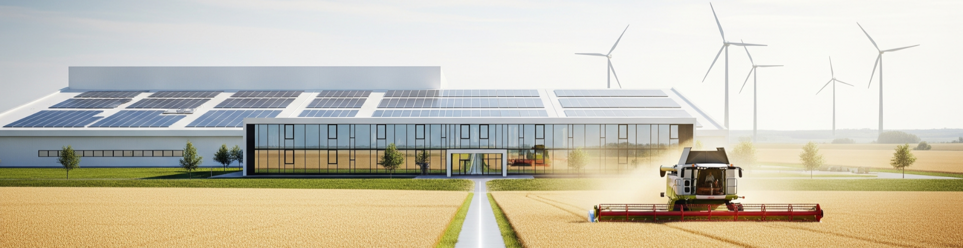 Colheitadeira em lavoura diante de prédio industrial com painéis solares e turbinas eólicas.