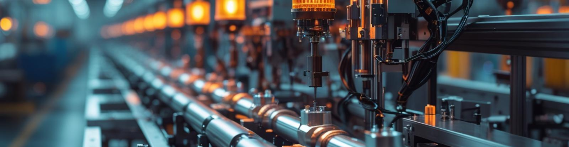 Detalhe de máquinas automatizadas em linha de produção iluminada.