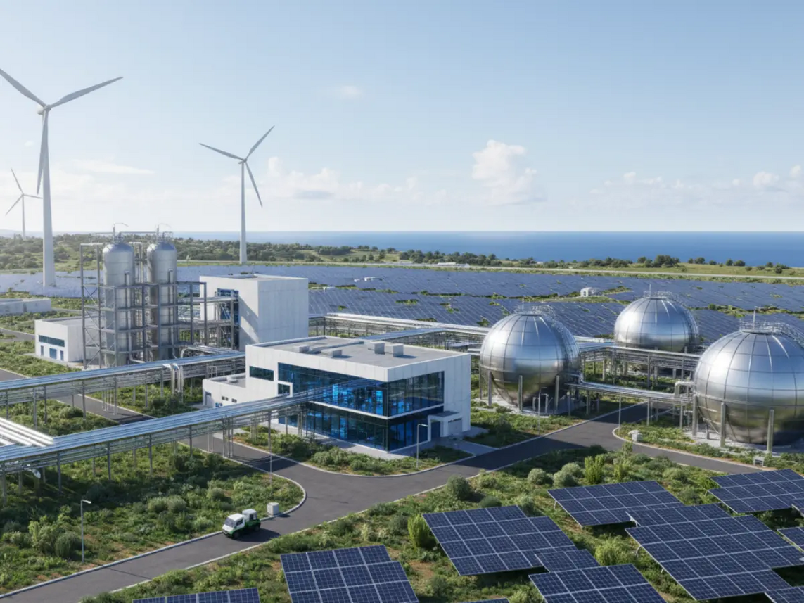 Usina de hidrogênio com tanques esféricos, painéis solares e turbinas eólicas à beira-mar, representando energia renovável e produção sustentável.
