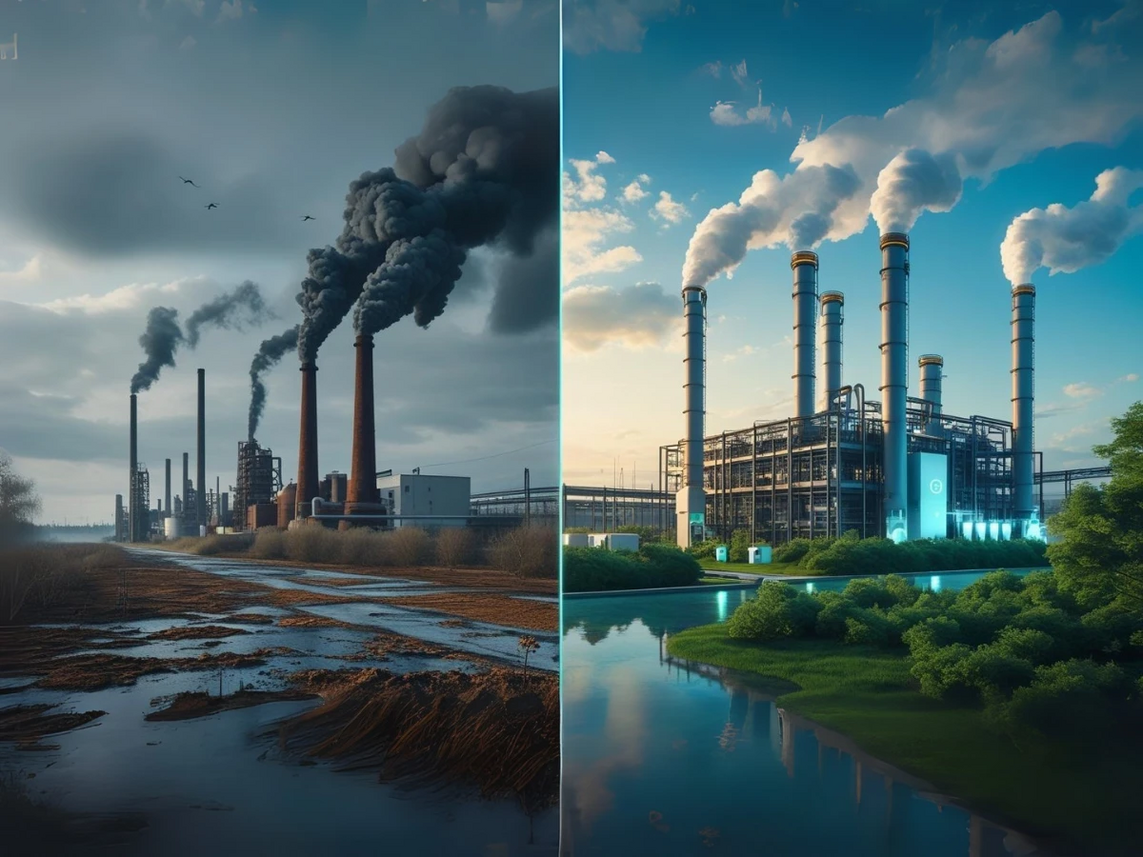 Imagem dividida entre usina poluente e usina limpa com vegetação, ilustrando o impacto da normatização na transição para uma indústria mais sustentável.