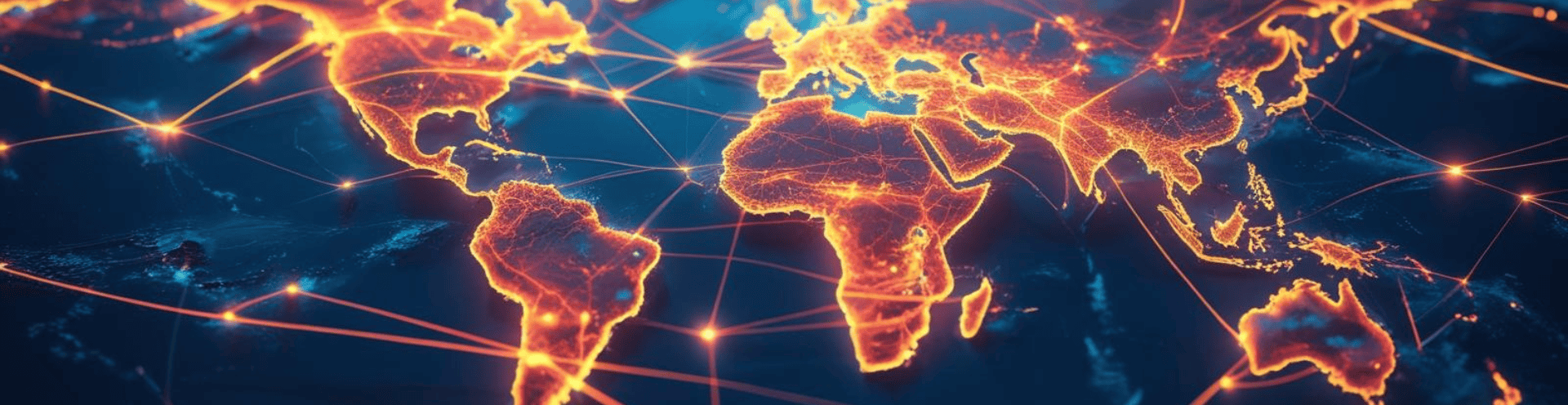 Ilustração de mapa-múndi com linhas de conexão iluminadas, representando as rotas e redes do comércio internacional.