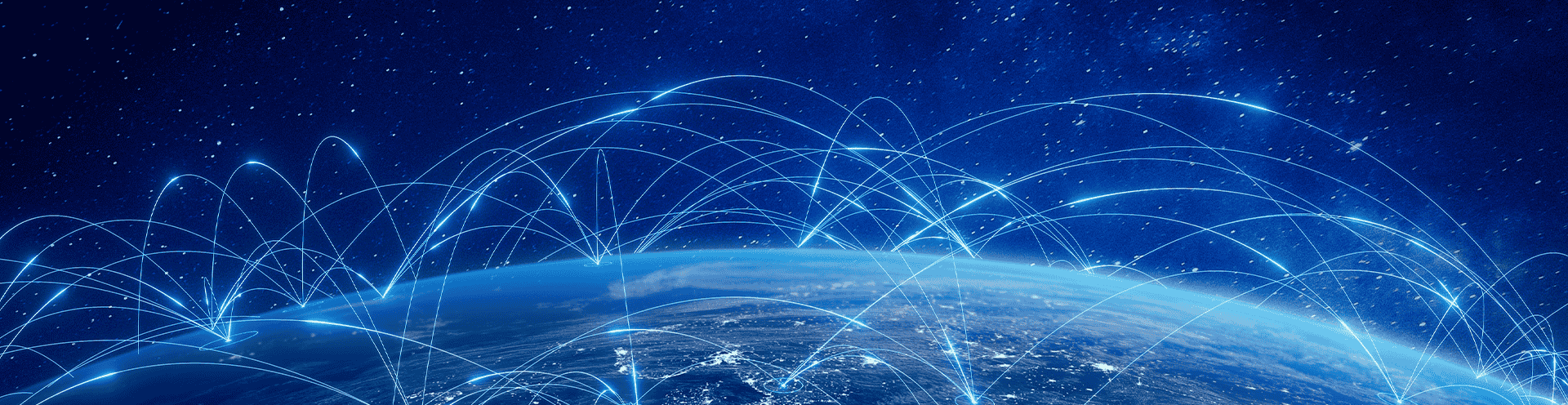 Ilustração da Terra vista do espaço com linhas de conexão digital representando a infraestrutura global de telecomunicações e dados.
