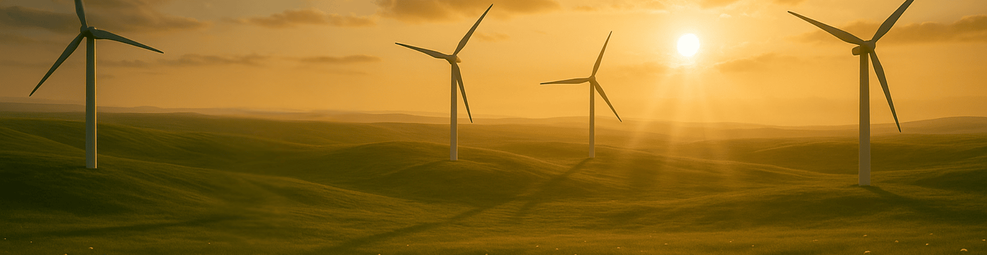 Parque eólico com turbinas geradoras de energia ao pôr do sol sobre colinas verdes, 
        representando o avanço da transição energética e o uso de fontes renováveis no Brasil.