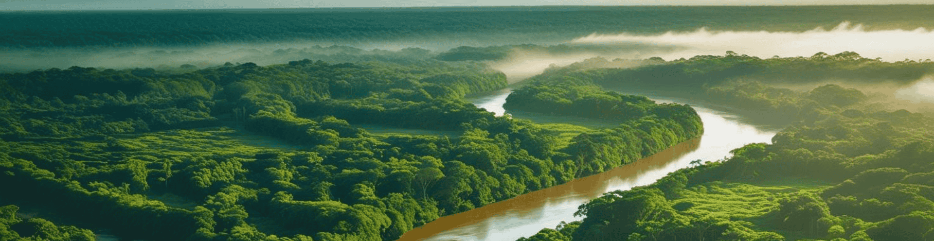 Vista aérea de rio sinuoso cortando floresta densa com neblina ao fundo, representando a riqueza natural 
        do Brasil e seu protagonismo nas negociações climáticas da COP30.