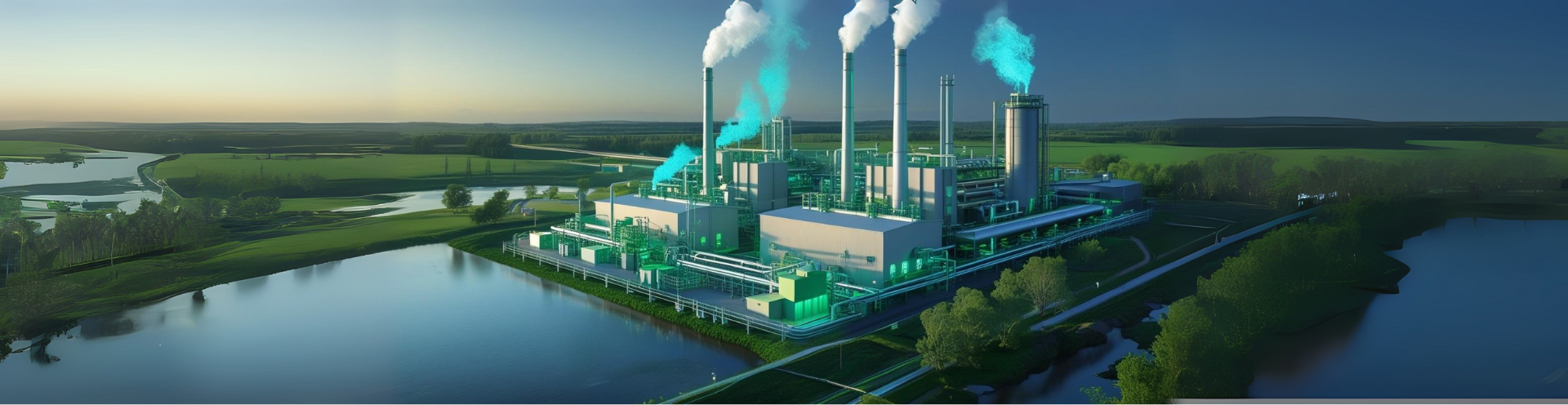 Complexo industrial moderno com dutos verdes e emissão de vapor, simbolizando produção sustentável de hidrogênio.