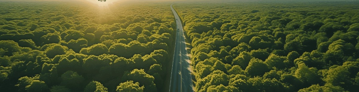 Vista aérea de rodovia asfaltada cortando floresta densa, representando a necessidade 
        de conciliar desenvolvimento de infraestrutura com proteção ambiental.