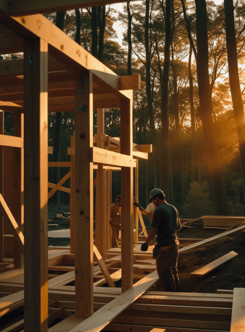 Trabalhadores constroem estrutura de madeira em área florestal com luz do entardecer, 
                        simbolizando obras com manejo ambiental responsável e licenciamento adequado.