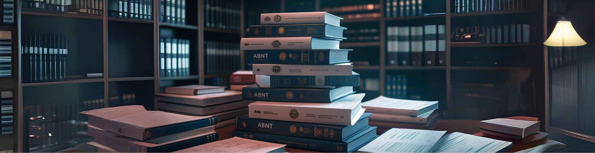 Pilha de livros técnicos da ABNT sobre mesa em biblioteca, representando a base normativa para o setor de hidrogênio no Brasil.