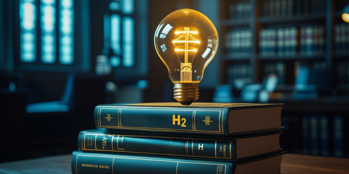 Pilha de livros com foco em regulação e hidrogênio, com lâmpada acesa no topo, representando certificação e legislação para o setor.