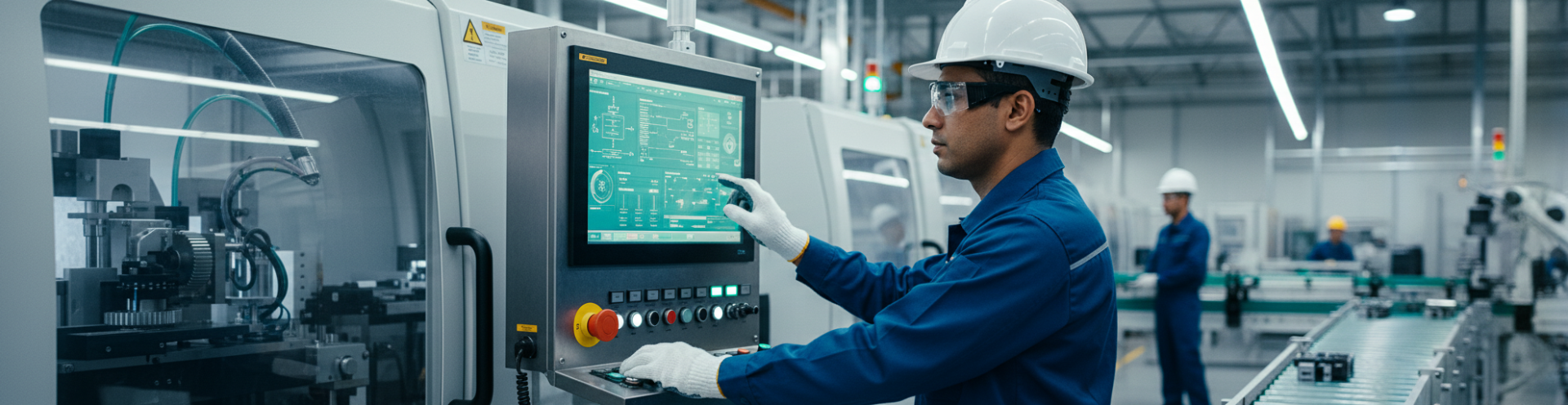 Trabalhador com capacete e uniforme azul utilizando painel digital em fábrica automatizada.
