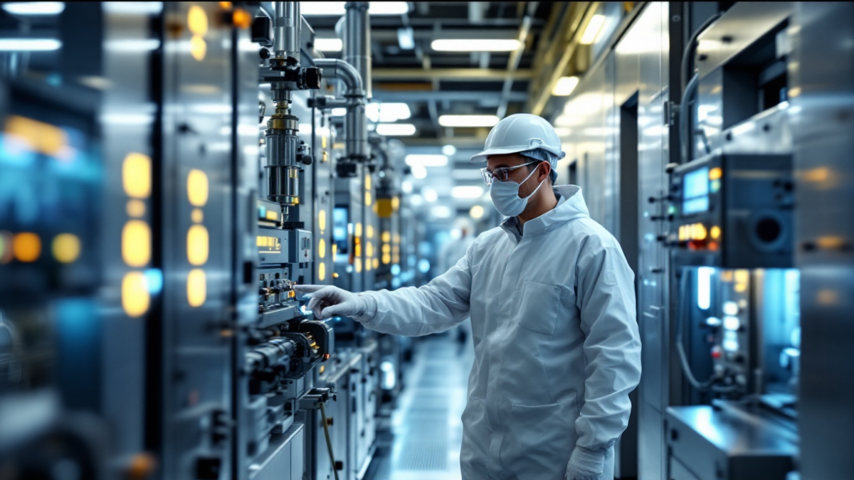 Profissional com EPI operando painel em ambiente industrial, simbolizando controle e segurança em processos com hidrogênio.