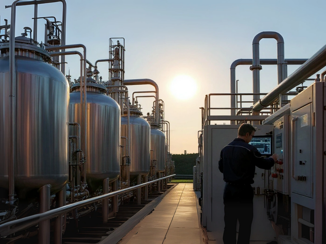 Técnico operando painel ao lado de tanques metálicos ao pôr do sol, simbolizando aplicação prática de normas técnicas na indústria do hidrogênio.