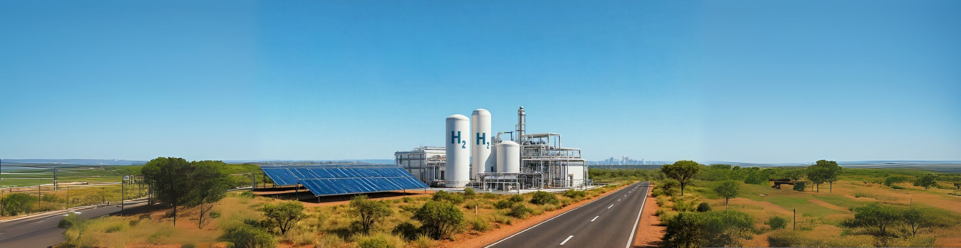 Instalação de hidrogênio com tanques e painéis solares ao lado de rodovia, representando projetos sustentáveis e logística de fornecedores.