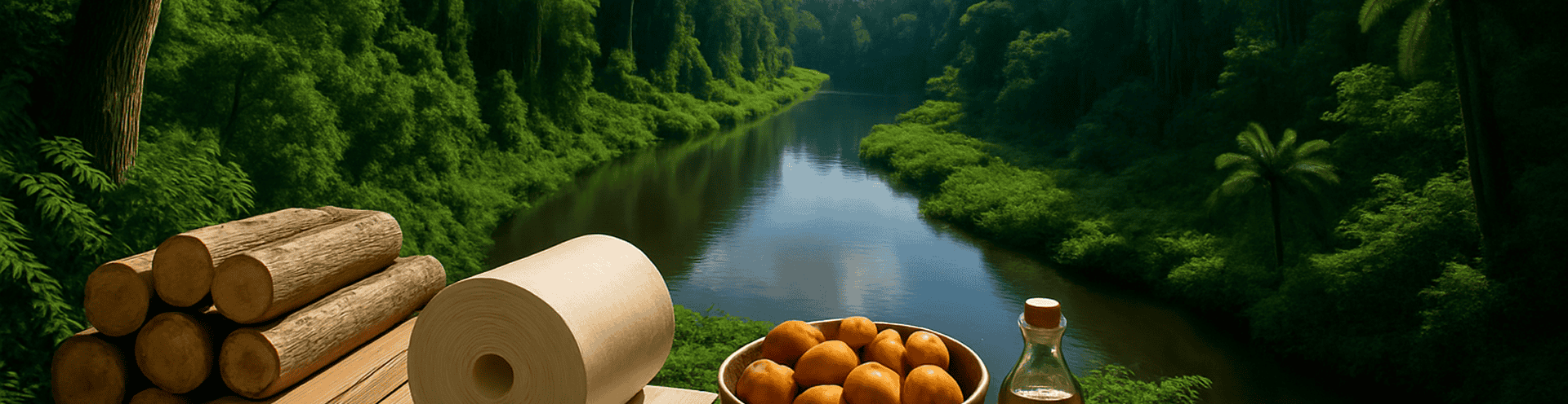 Vista de rio cercado por floresta nativa com toras de madeira, papel, frutos e
        frasco de óleo em primeiro plano, representando os usos sustentáveis da biodiversidade no setor florestal.