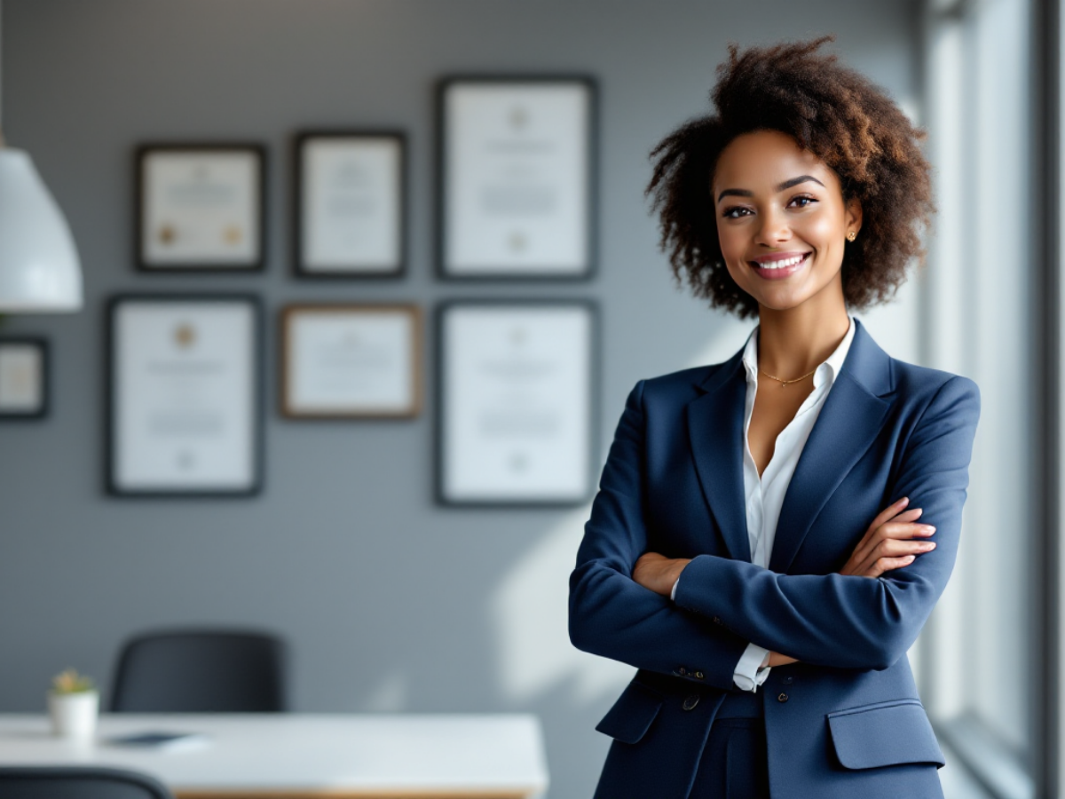 Mulher sorridente em ambiente corporativo com diplomas na parede, representando especialistas 
                        envolvidos em regulamentação e certificação do hidrogênio.