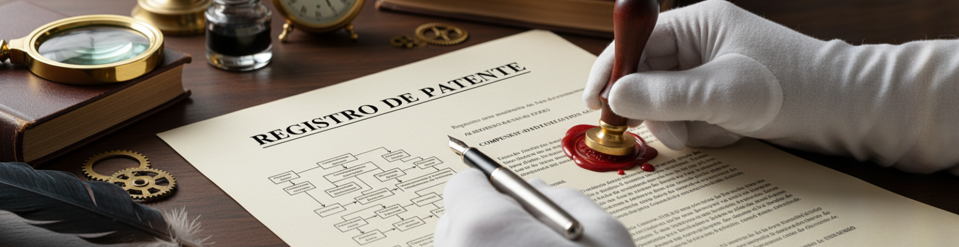 Documento oficial de registro de patente sendo carimbado com selo de cera vermelha em mesa de madeira.