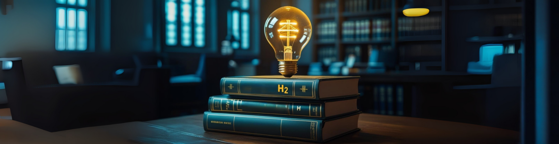 Pilha de livros com foco em regulação do hidrogênio e lâmpada acesa sobre a mesa, representando certificações e marcos legais no setor.