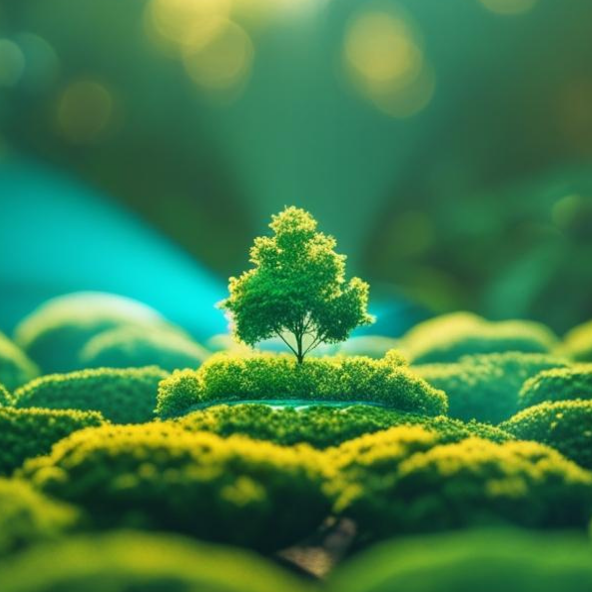 Árvore destacada em meio a folhagens verdes, com iluminação suave, representando
                         o equilíbrio ambiental diante dos desafios da mudança do clima.