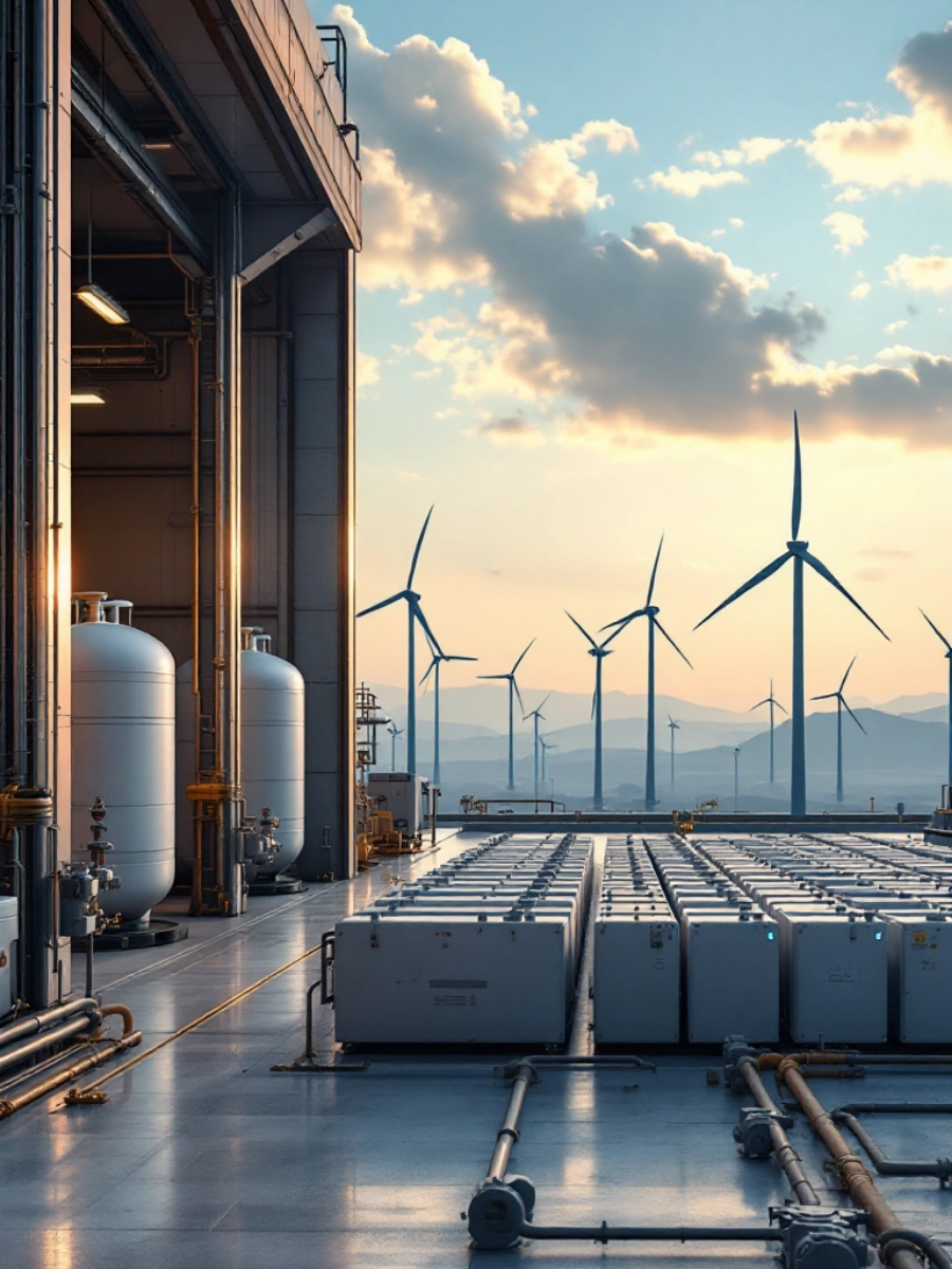 Infraestrutura de hidrogênio ao ar livre com tanques e turbinas eólicas ao fundo, simbolizando políticas voltadas à produção renovável.